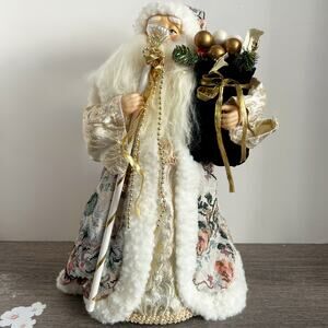 Vintage Old World Santa Claus Figure Tree Topper Needlepoint Tapestry Robe 15"